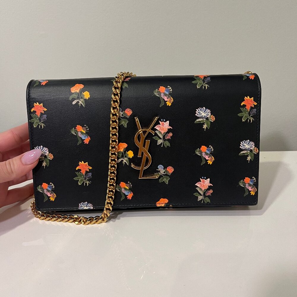 Saint Laurent Floral Monogram Wallet on Chain in Black